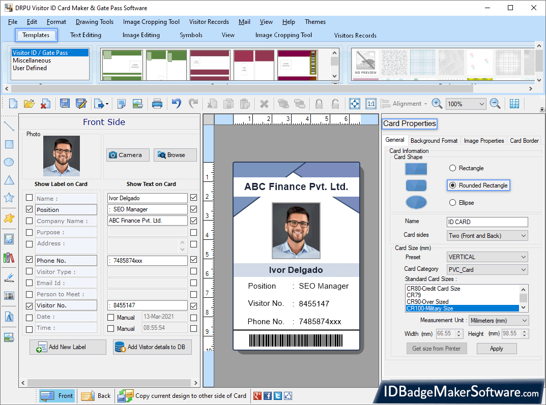 Screenshots of Visitors ID Gate Pass Maker to design visitor ID card