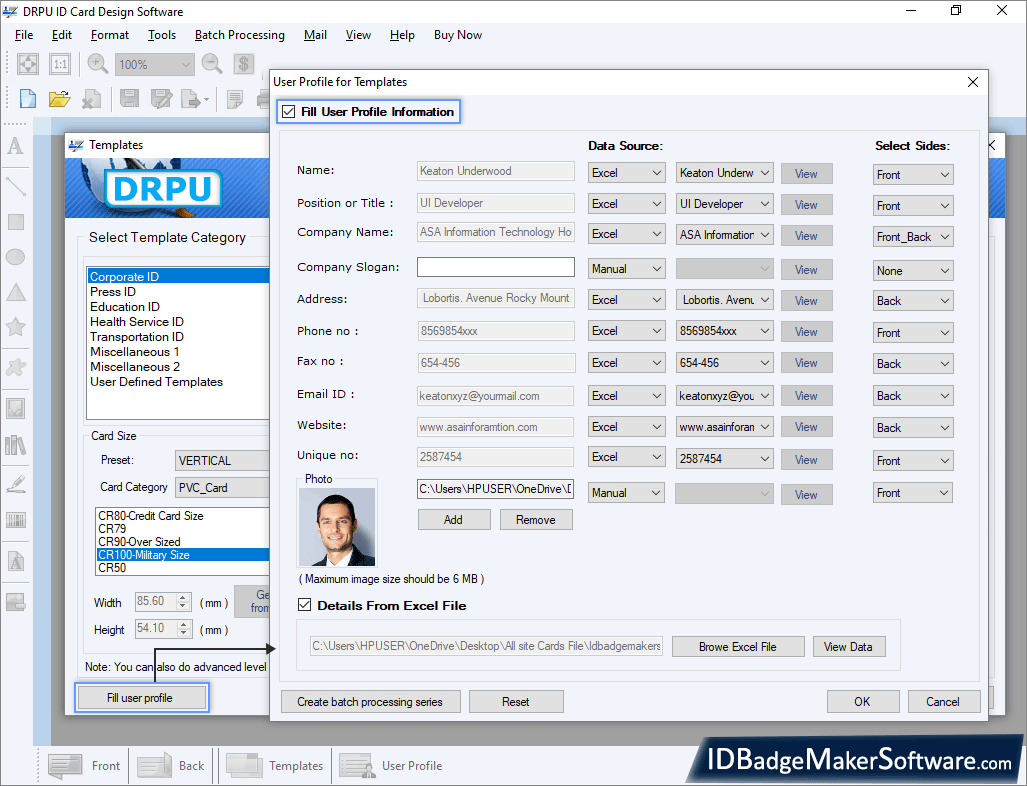 Screenshots of ID Card Maker Software to design identity card ID badges