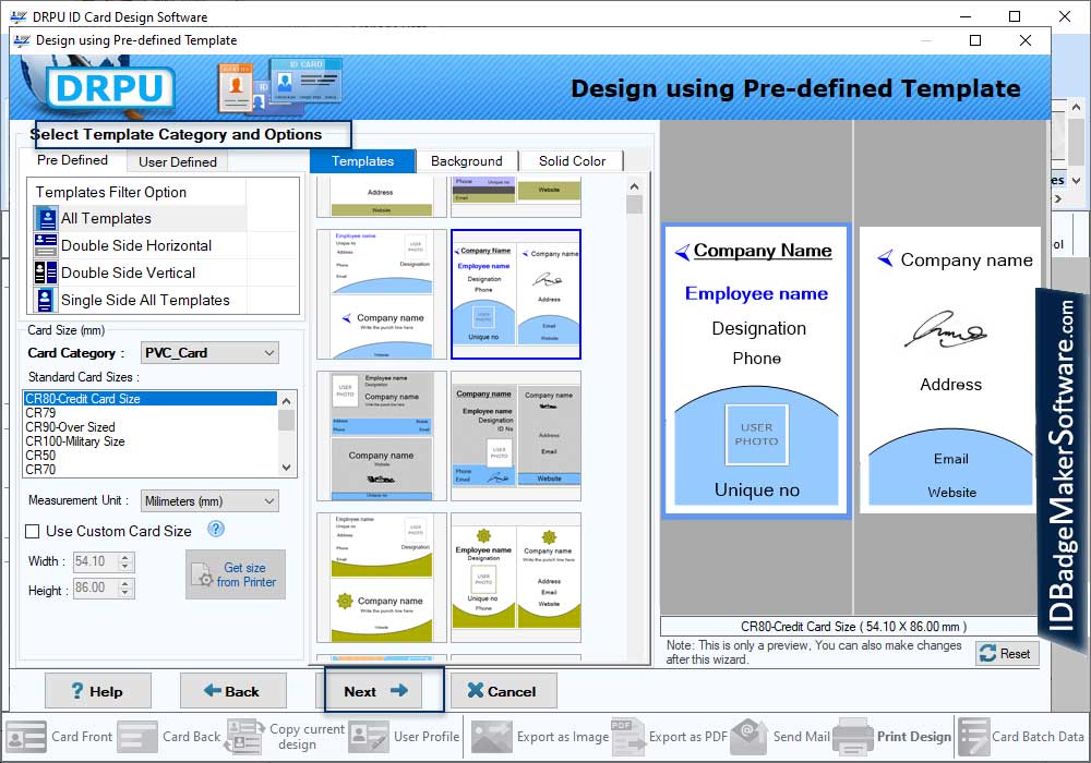 Select Template Category and Options